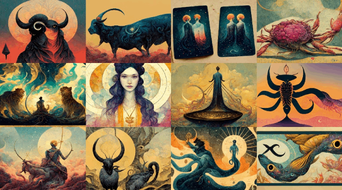 an artful collage of the 12 zodiac signs
